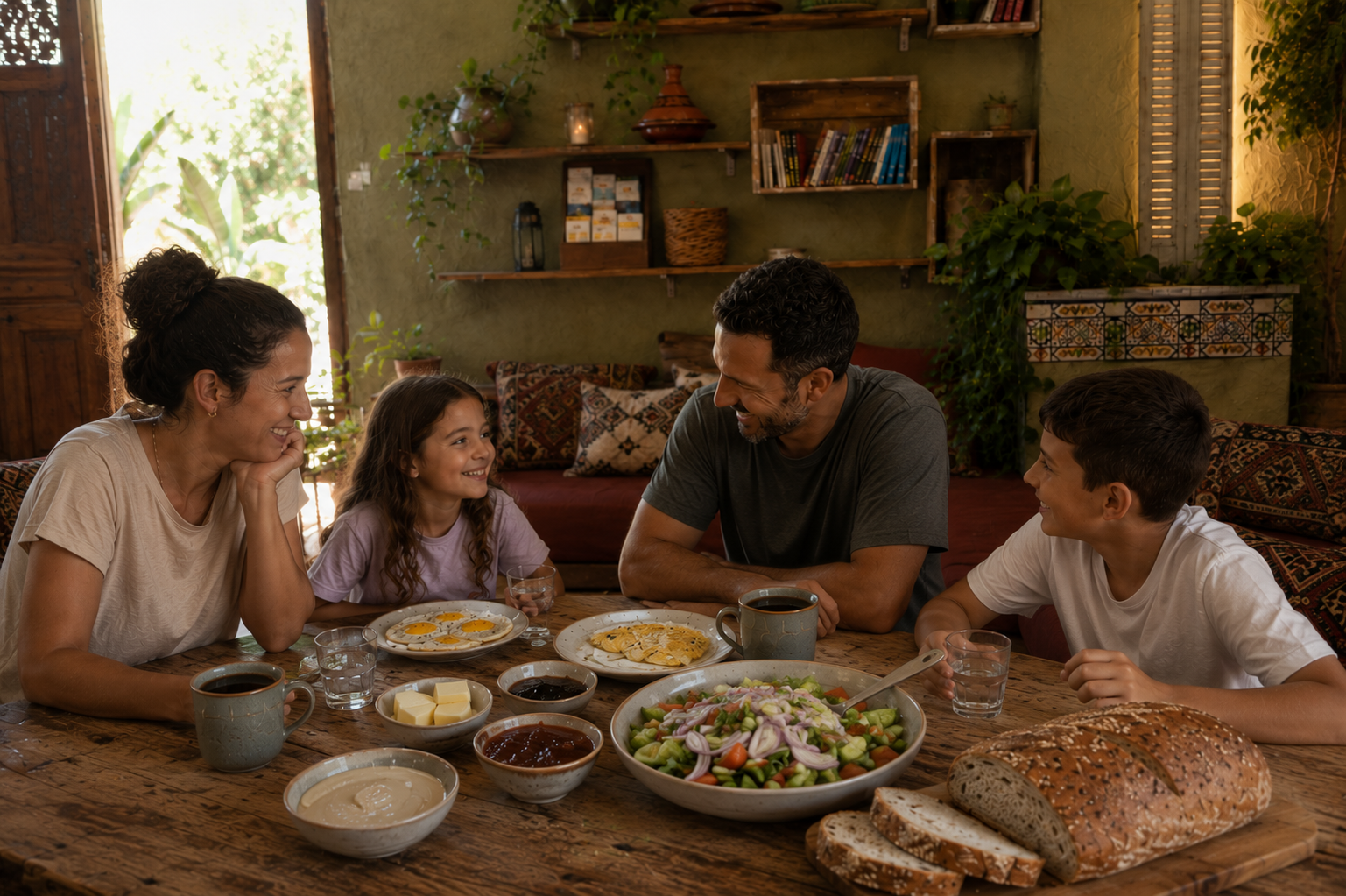 Guests sharing an Israeli breakfast at the long communal table