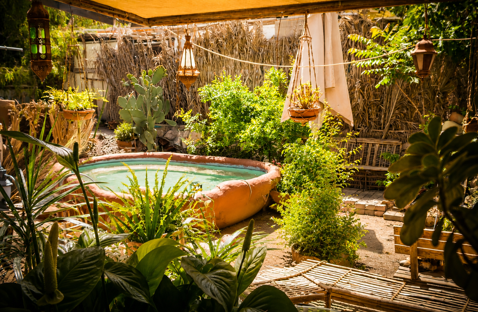 The Secret Garden - stone dipping pool surrounded by orchard greenery