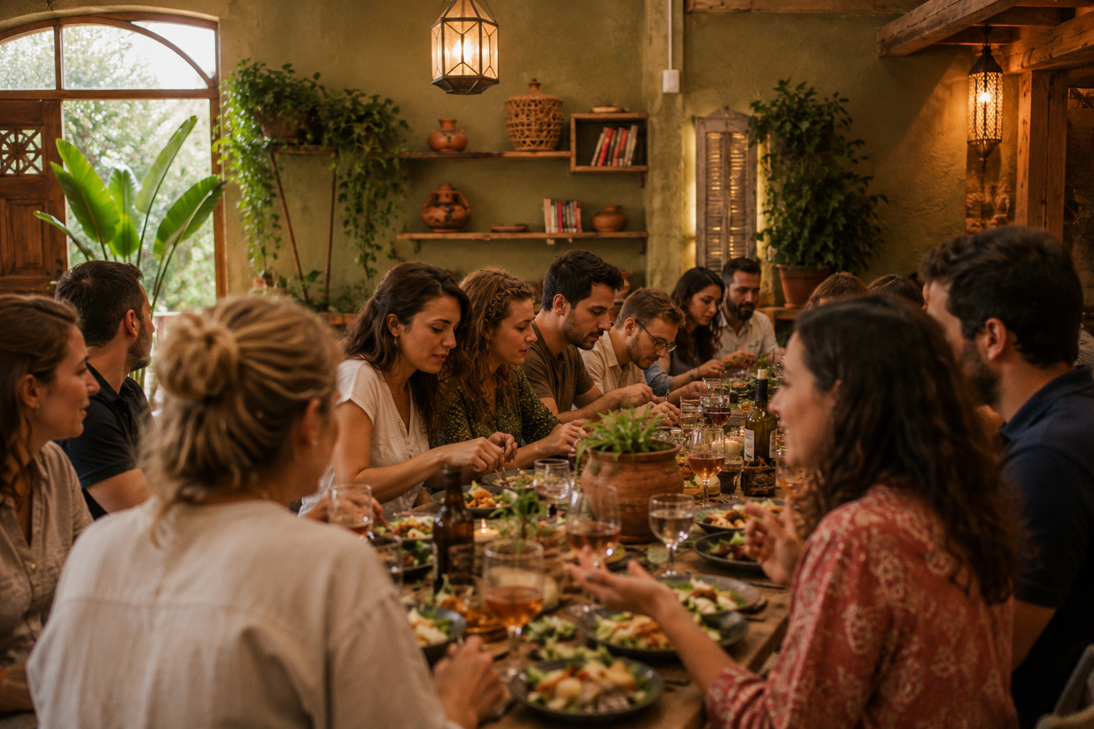 A group sharing a long, warmly-lit dinner at The Secret Garden